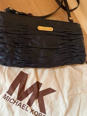 Michael Kors Black Ruched Leather Crossbody with Gold Logo Plaque